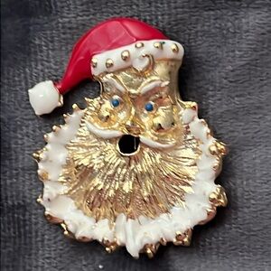 VINTAGE 1960’s GOLD AND ENAMUL SANTA CLAUSE FACE BROOCH WITH BLUE EYES